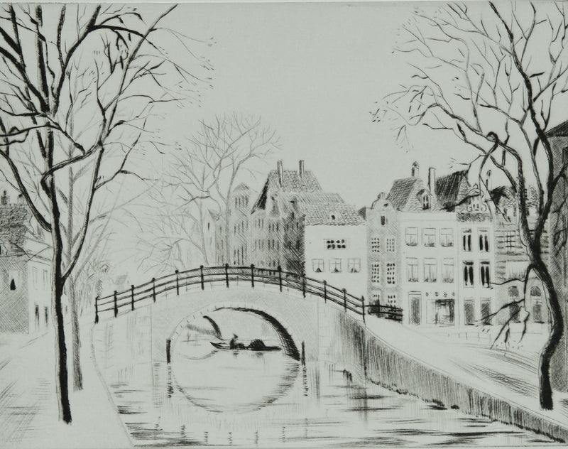 Camille COMBE : Amsterdam, Le Reguliersgracht, Gravure originale signée