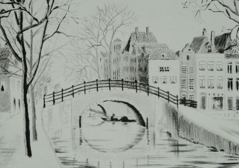 Camille COMBE : Amsterdam, Le Reguliersgracht, Gravure originale signée