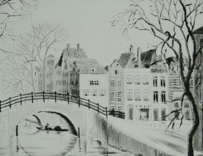 Camille COMBE : Amsterdam, Le Reguliersgracht, Gravure originale signée
