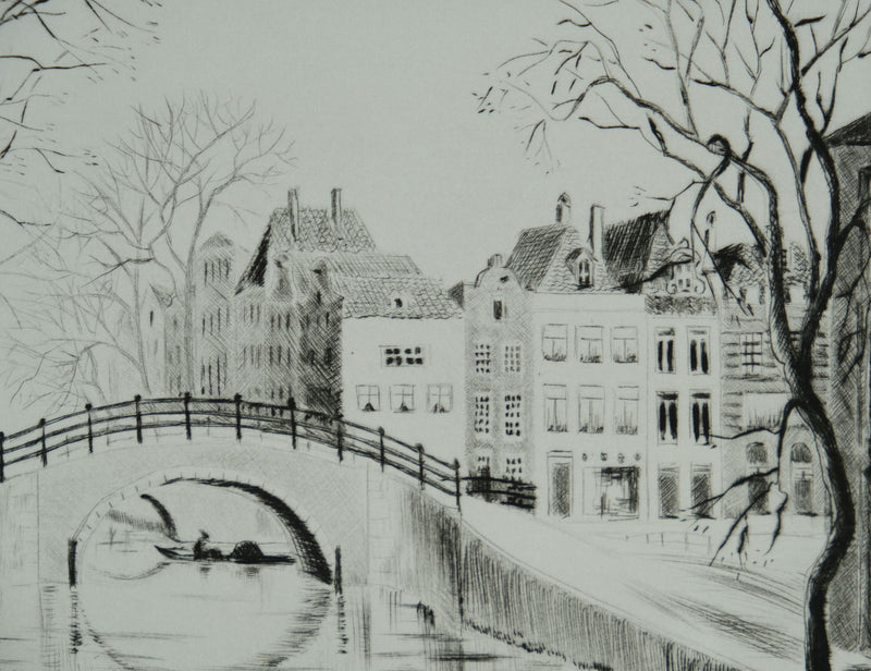 Camille COMBE : Amsterdam, Le Reguliersgracht, Gravure originale signée