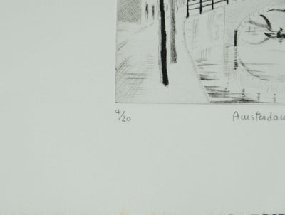 Camille COMBE : Amsterdam, Le Reguliersgracht, Gravure originale signée