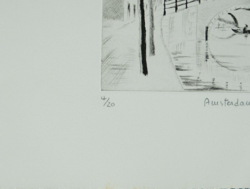 Camille COMBE : Amsterdam, Le Reguliersgracht, Gravure originale signée