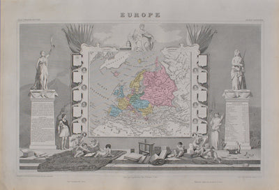 Victor LEVASSEUR : Carte ancienne de l'Europe, Gravure originale (vue générale) - Crédit photo : Galerie Art.Paris