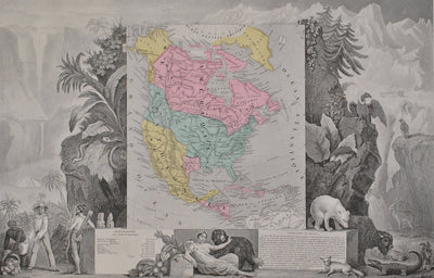 Victor LEVASSEUR : Carte ancienne de l'Amérique Septentrional, Gravure originale (photo de détail 2) - Crédit photo : Galerie Art.Paris