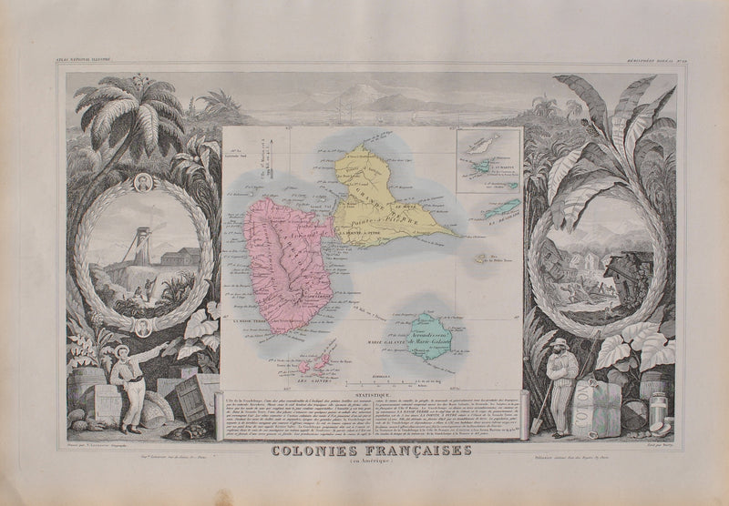 Victor LEVASSEUR : Carte ancienne des Colonies française, Gravure originale (vue générale) - Crédit photo : Galerie Art.Paris