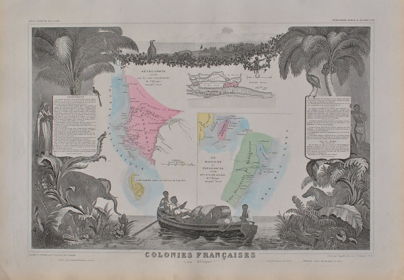 Victor LEVASSEUR : Carte ancienne de Madagascar, Sénégal et Gambi, Gravure originale (vue générale) - Crédit photo : Galerie Art.Paris