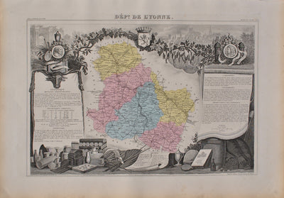 Victor LEVASSEUR : France, Carte ancienne  de l'Yonne, Gravure originale (vue générale) - Crédit photo : Galerie Art.Paris