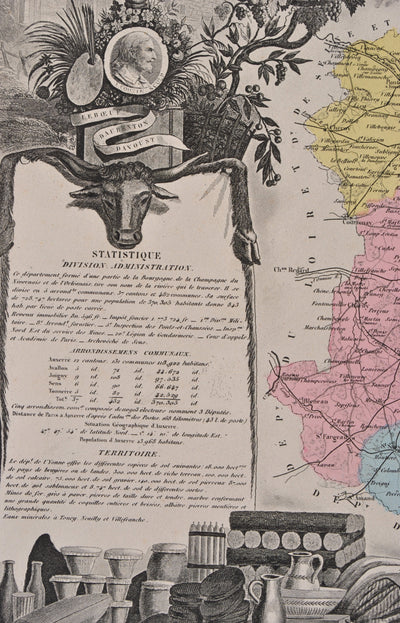 Victor LEVASSEUR : France, Carte ancienne  de l'Yonne, Gravure originale (photo de détail 3) - Crédit photo : Galerie Art.Paris