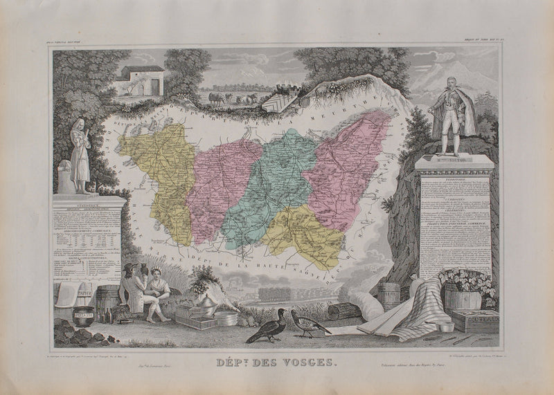 Victor LEVASSEUR : France, Carte ancienne des Vosges, Gravure originale (vue générale) - Crédit photo : Galerie Art.Paris