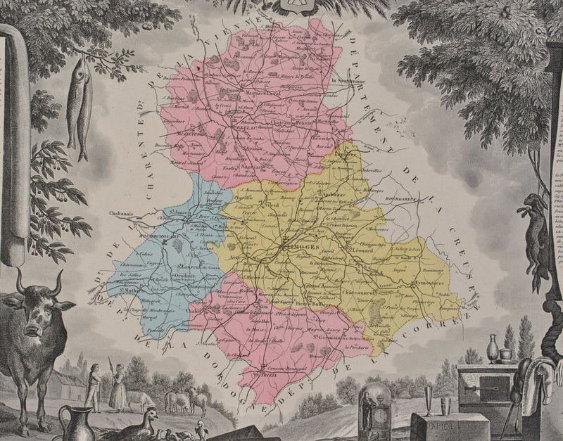 Victor LEVASSEUR : France, Carte ancienne de la Haute Vienne, Gravure originale (photo de détail 3) - Crédit photo : Galerie Art.Paris