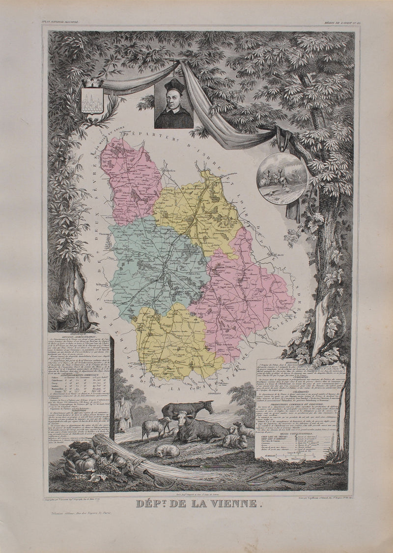 Victor LEVASSEUR : France, Carte ancienne de la Vienne, Gravure originale (vue générale) - Crédit photo : Galerie Art.Paris