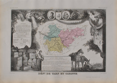 Victor LEVASSEUR : France, Carte ancienne du Tarn et Garonne, Gravure originale (vue générale) - Crédit photo : Galerie Art.Paris