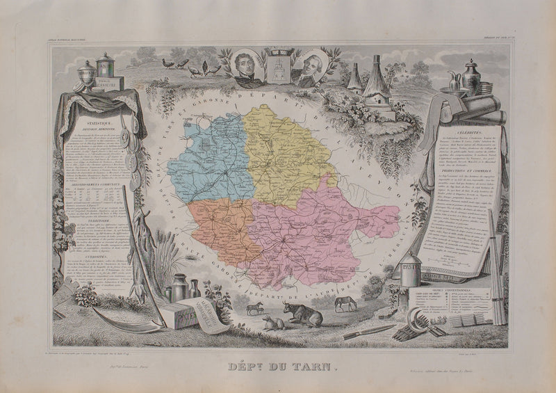 Victor LEVASSEUR : France, Carte ancienne du Tarn, Gravure originale (vue générale) - Crédit photo : Galerie Art.Paris