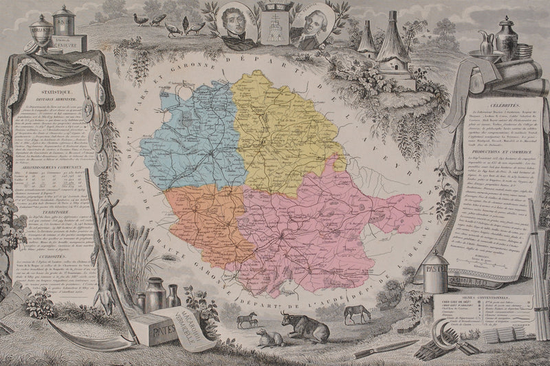 Victor LEVASSEUR : France, Carte ancienne du Tarn, Gravure originale (photo de détail 2) - Crédit photo : Galerie Art.Paris