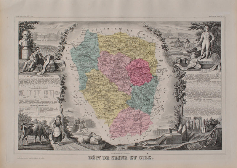 Victor LEVASSEUR : France, Carte ancienne de Seine et Oise, Gravure originale (vue générale) - Crédit photo : Galerie Art.Paris