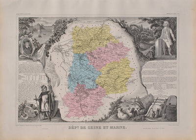 Victor LEVASSEUR : France, Carte ancienne de Seine et Marne, Gravure originale (vue générale) - Crédit photo : Galerie Art.Paris