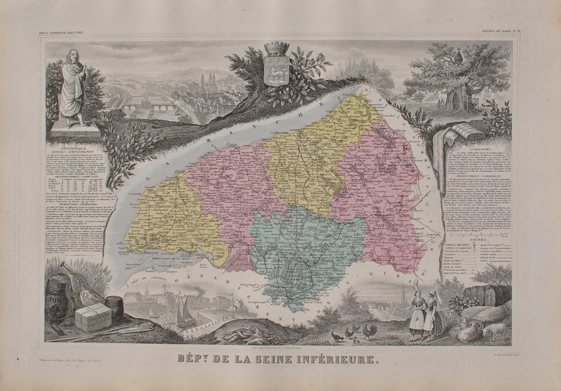 Victor LEVASSEUR : France, Carte ancienne de Seine Inférieure, Gravure originale (vue générale) - Crédit photo : Galerie Art.Paris