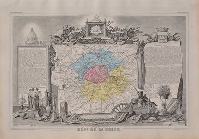 Victor LEVASSEUR : France, Carte ancienne de la Seine, Gravure originale (vue générale) - Crédit photo : Galerie Art.Paris