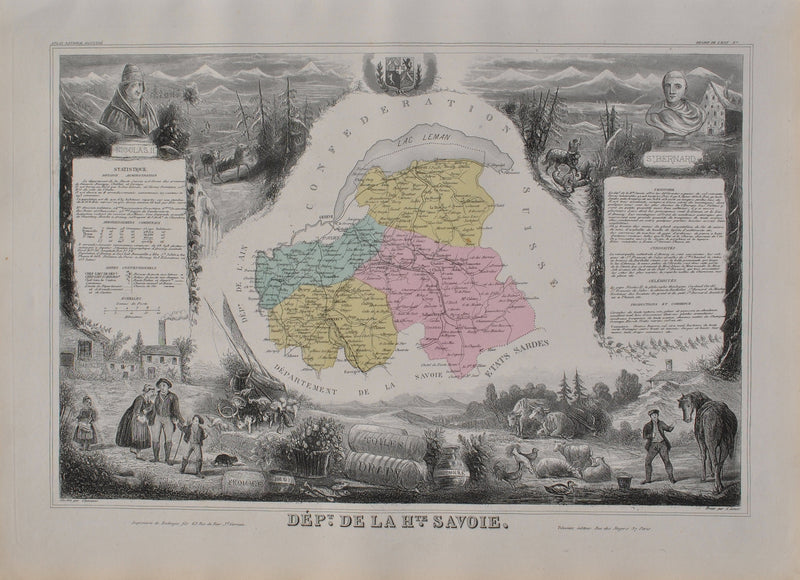 Victor LEVASSEUR : France, Carte ancienne de la Haute Savoie, Gravure originale (vue générale) - Crédit photo : Galerie Art.Paris