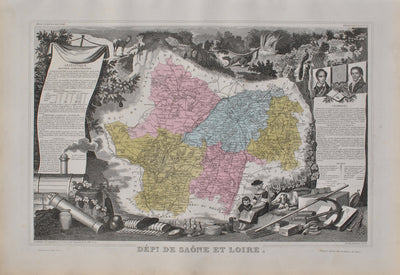 Victor LEVASSEUR : France, Carte ancienne de la Saône et Loire, Gravure originale (vue générale) - Crédit photo : Galerie Art.Paris