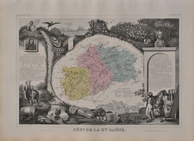 Victor LEVASSEUR : France, Carte ancienne de la Haute Saône, Gravure originale (vue générale) - Crédit photo : Galerie Art.Paris