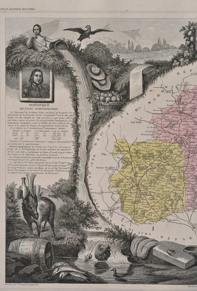 Victor LEVASSEUR : France, Carte ancienne de la Haute Saône, Gravure originale (photo de détail 4) - Crédit photo : Galerie Art.Paris