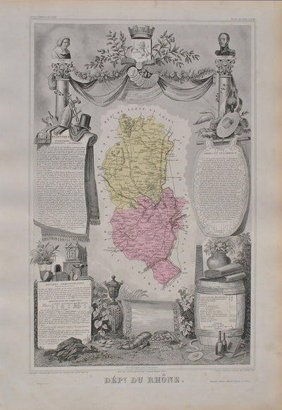 Victor LEVASSEUR : France, Carte ancienne du Rhône, Gravure originale (vue générale) - Crédit photo : Galerie Art.Paris