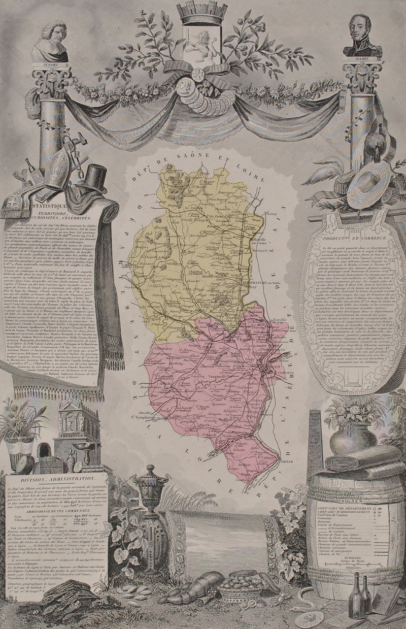 Victor LEVASSEUR : France, Carte ancienne du Rhône, Gravure originale (photo de détail 2) - Crédit photo : Galerie Art.Paris