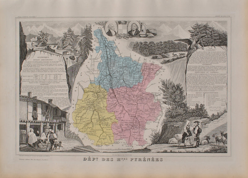 Victor LEVASSEUR : France, Carte ancienne des Hautes Pyrénées, Gravure originale (vue générale) - Crédit photo : Galerie Art.Paris