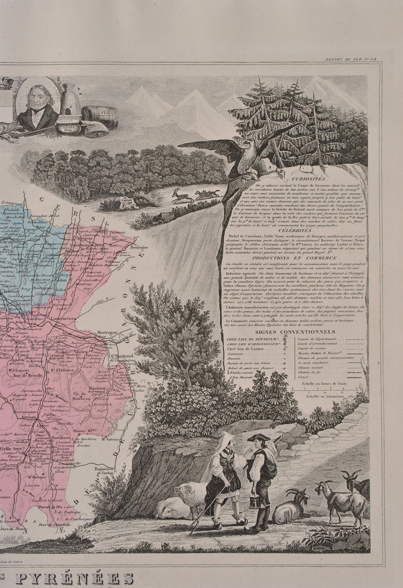 Victor LEVASSEUR : France, Carte ancienne des Hautes Pyrénées, Gravure originale (photo de détail 6) - Crédit photo : Galerie Art.Paris