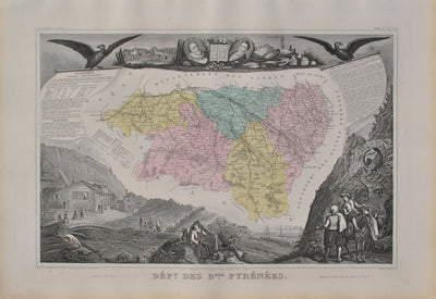 Victor LEVASSEUR : France, Carte ancienne des Hautes Pyrénées, Gravure originale (vue générale) - Crédit photo : Galerie Art.Paris