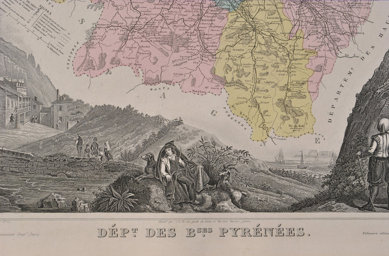 Victor LEVASSEUR : France, Carte ancienne des Hautes Pyrénées, Gravure originale (photo de détail 3) - Crédit photo : Galerie Art.Paris