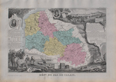 Victor LEVASSEUR : France, Carte ancienne du Pas de Calais, Gravure originale (vue générale) - Crédit photo : Galerie Art.Paris