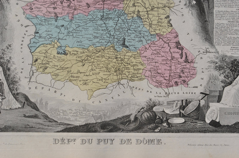 Victor LEVASSEUR : France, Carte ancienne du Puy de Dôme, Gravure originale (photo de détail 3) - Crédit photo : Galerie Art.Paris