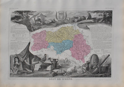 Victor LEVASSEUR : France, Carte ancienne de l'Orne, Gravure originale (vue générale) - Crédit photo : Galerie Art.Paris