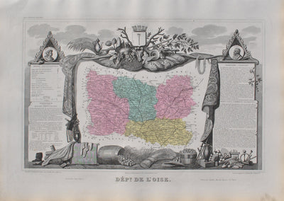 Victor LEVASSEUR : France, Carte ancienne de l'Oise, Gravure originale (vue générale) - Crédit photo : Galerie Art.Paris