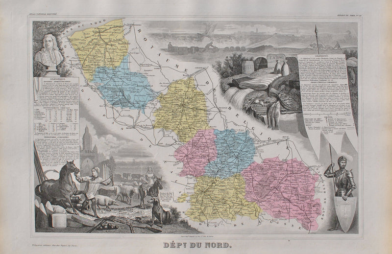 Victor LEVASSEUR : France, Carte ancienne du Nord, Gravure originale (vue générale) - Crédit photo : Galerie Art.Paris