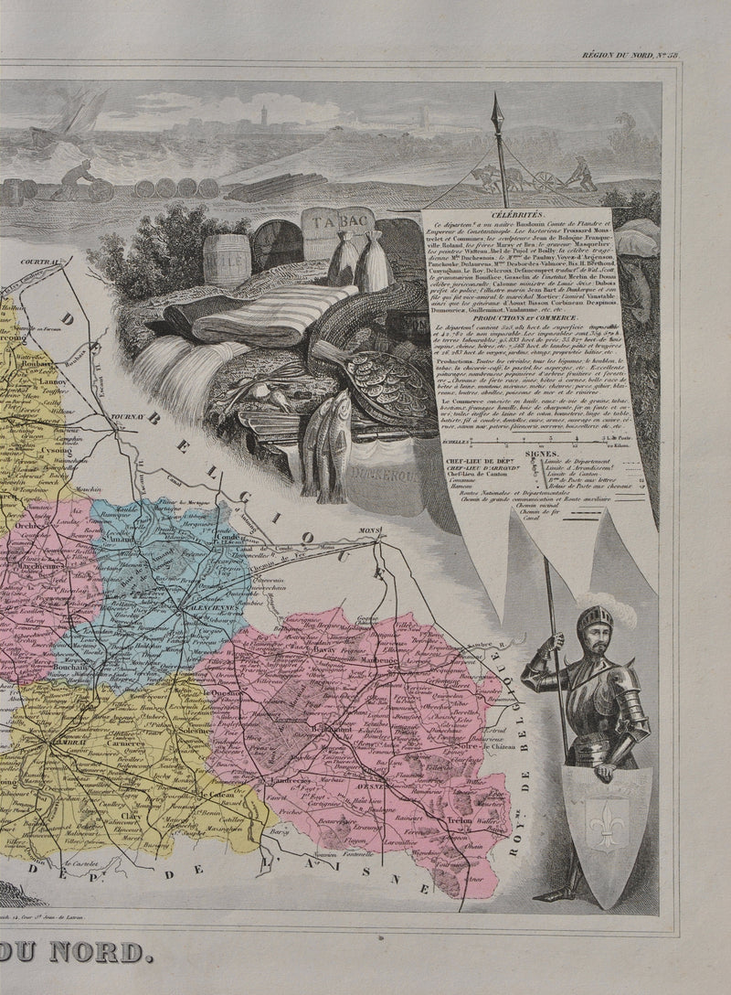 Victor LEVASSEUR : France, Carte ancienne du Nord, Gravure originale (photo de détail 5) - Crédit photo : Galerie Art.Paris