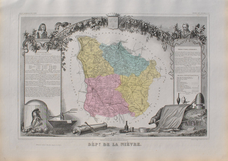 Victor LEVASSEUR : France, Carte ancienne de la Nièvre, Gravure originale (vue générale) - Crédit photo : Galerie Art.Paris