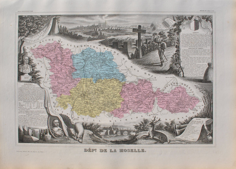 Victor LEVASSEUR : France, Carte ancienne de la Moselle, Gravure originale (vue générale) - Crédit photo : Galerie Art.Paris