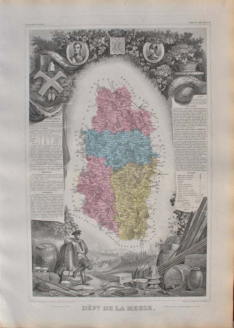 Victor LEVASSEUR : France, Carte ancienne de la Meuse, Gravure originale (vue générale) - Crédit photo : Galerie Art.Paris