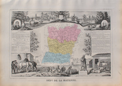 Victor LEVASSEUR : France, Carte ancienne de la Mayenne, Gravure originale (vue générale) - Crédit photo : Galerie Art.Paris