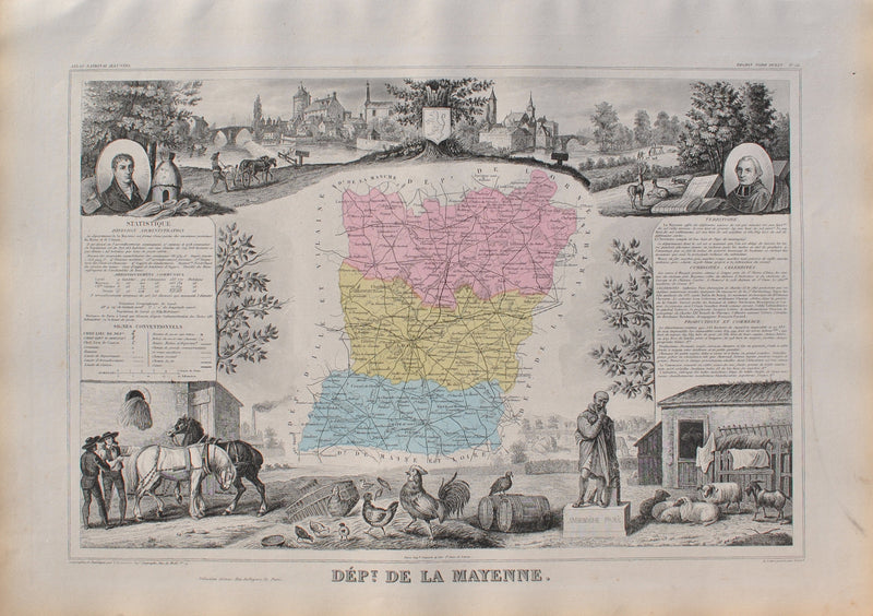 Victor LEVASSEUR : France, Carte ancienne de la Mayenne, Gravure originale (vue générale) - Crédit photo : Galerie Art.Paris