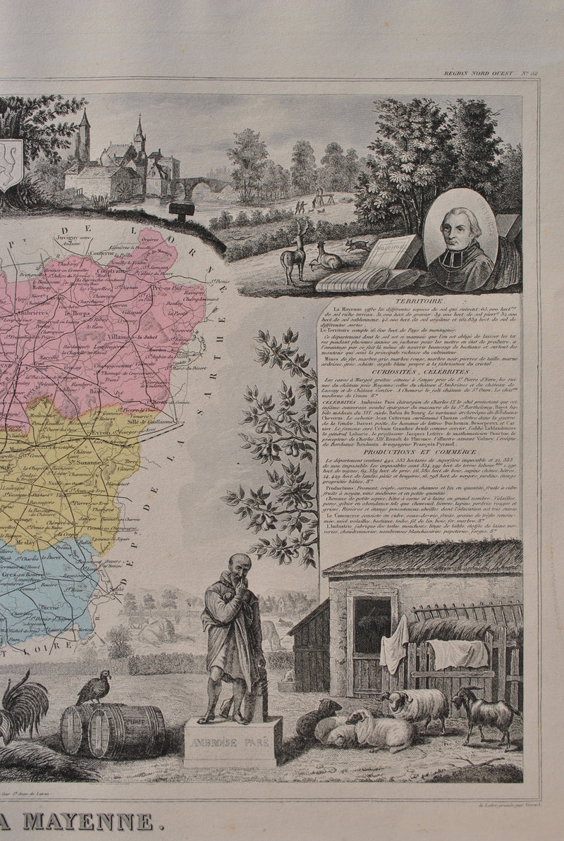 Victor LEVASSEUR : France, Carte ancienne de la Mayenne, Gravure originale (photo de détail 5) - Crédit photo : Galerie Art.Paris