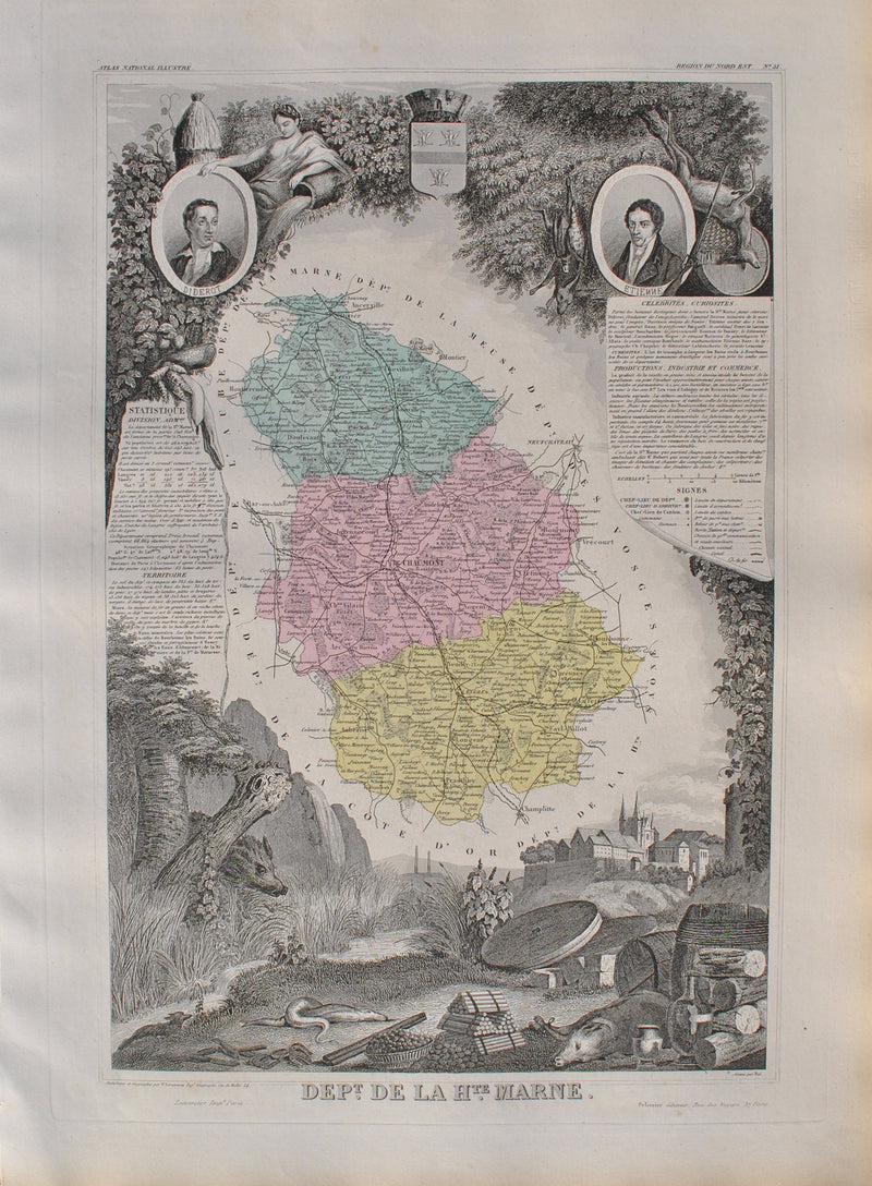 Victor LEVASSEUR : France, Carte ancienne de la Haute Marne, Gravure originale (vue générale) - Crédit photo : Galerie Art.Paris