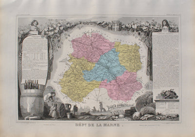 Victor LEVASSEUR : France, Carte ancienne de la Marne, Gravure originale (vue générale) - Crédit photo : Galerie Art.Paris