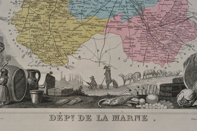 Victor LEVASSEUR : France, Carte ancienne de la Marne, Gravure originale (photo de détail 3) - Crédit photo : Galerie Art.Paris