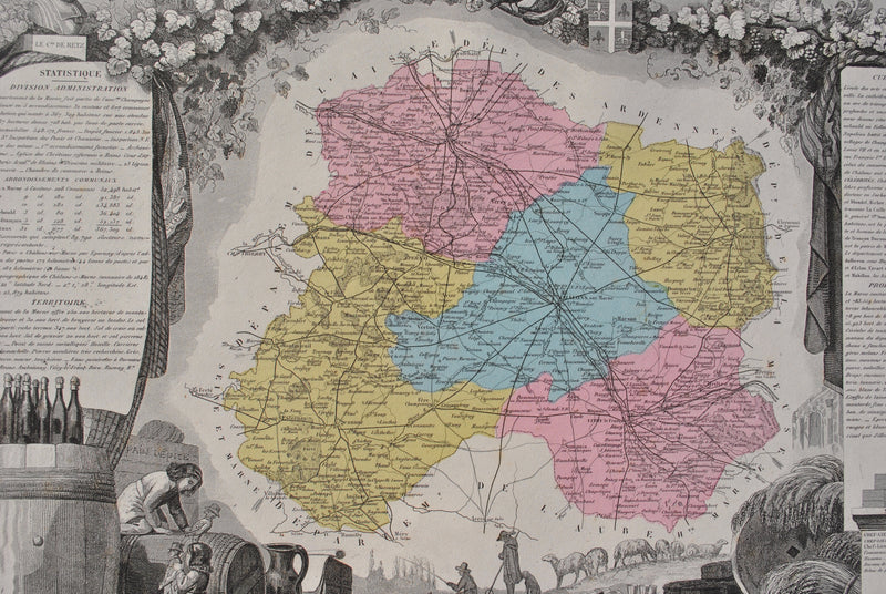 Victor LEVASSEUR : France, Carte ancienne de la Marne, Gravure originale (photo de détail 6) - Crédit photo : Galerie Art.Paris