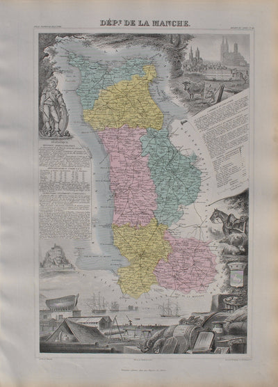 Victor LEVASSEUR : France, Carte ancienne de la Manche, Gravure originale (vue générale) - Crédit photo : Galerie Art.Paris