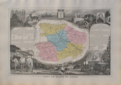 Victor LEVASSEUR : France, Carte ancienne du Maine et Loire, Gravure originale (vue générale) - Crédit photo : Galerie Art.Paris